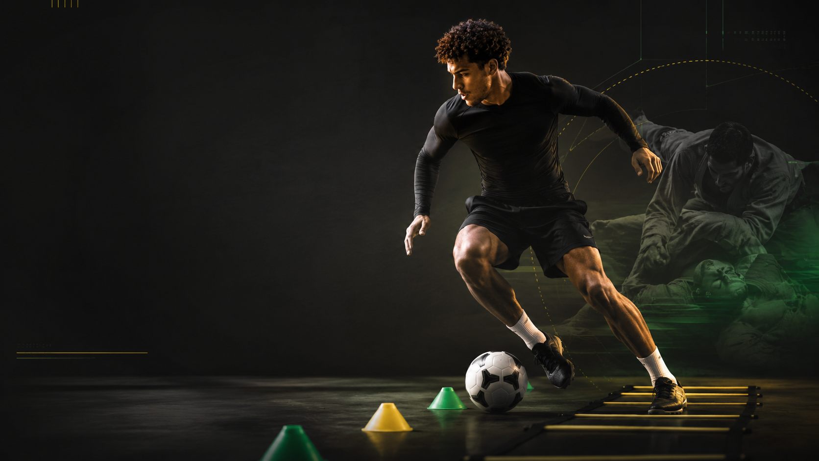 Dynamic athlete training with football and Brazilian Jiu-Jitsu visual language.