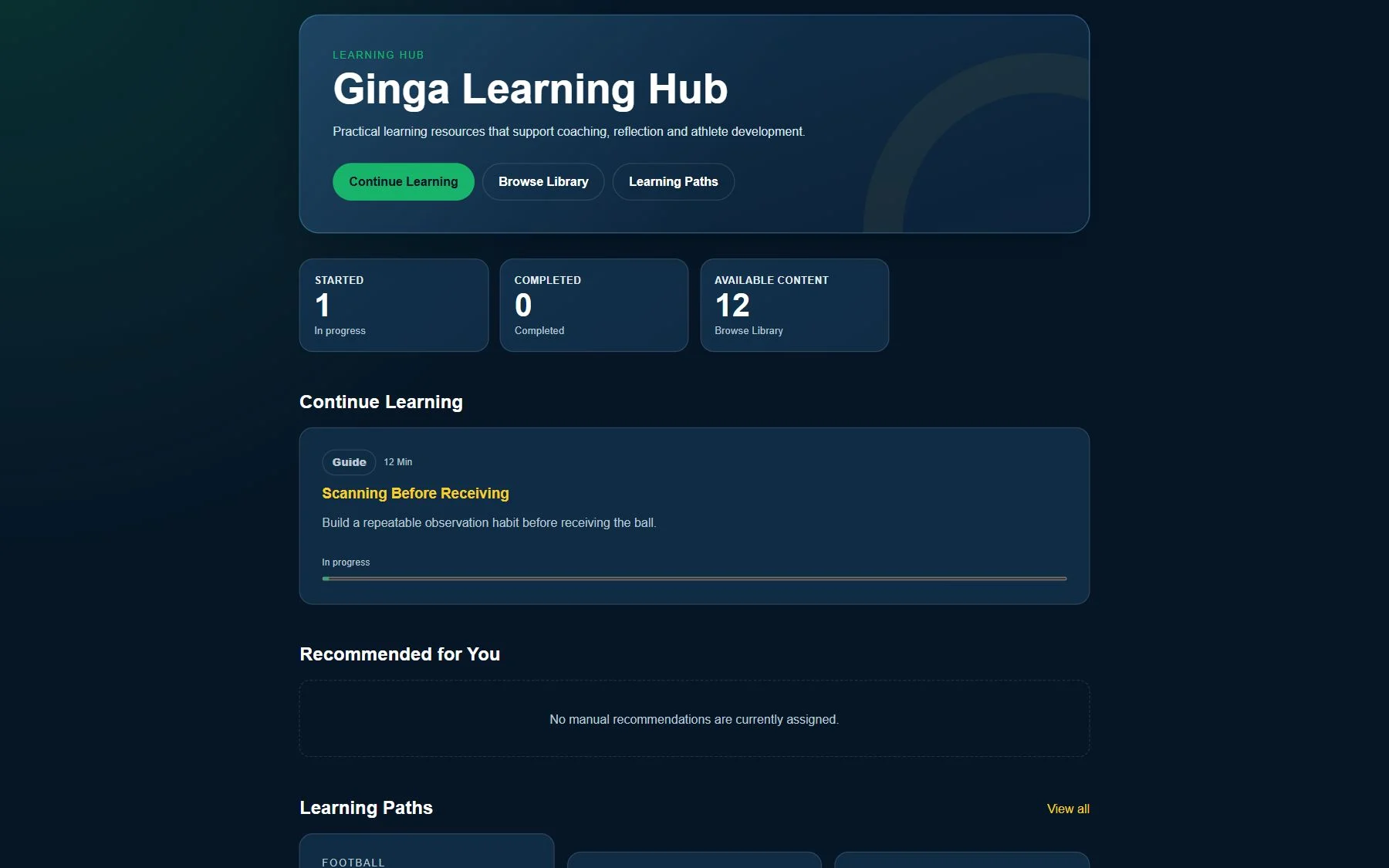 Learning Hub presenting original development paths and progress tracking.